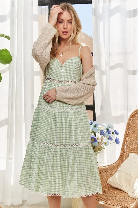 ADORA Gingham Detail Washed Dress – Light Green - Cashmere Daisy