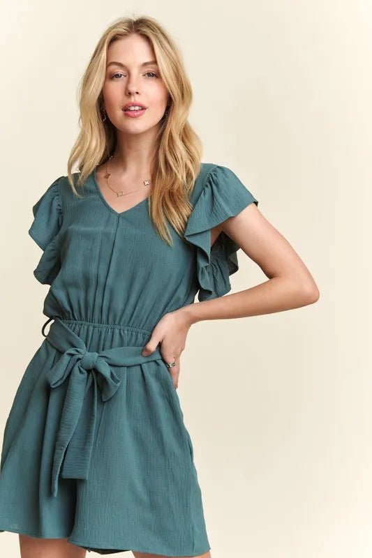 ADORA Seafoam Ruffle Sleeve Romper with Pockets - Cashmere Daisy
