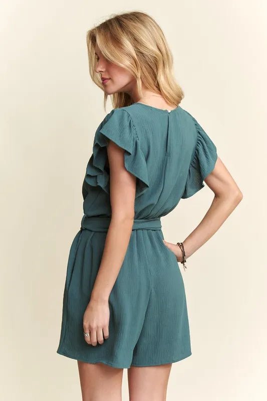 ADORA Seafoam Ruffle Sleeve Romper with Pockets - Cashmere Daisy