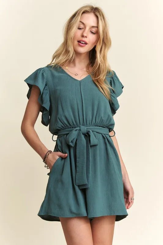 ADORA Seafoam Ruffle Sleeve Romper with Pockets - Cashmere Daisy
