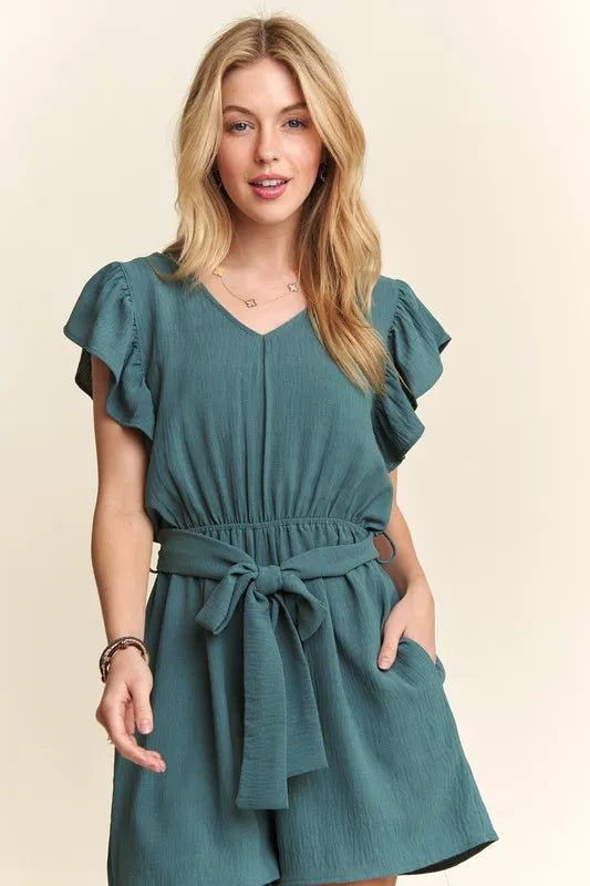 ADORA Seafoam Ruffle Sleeve Romper with Pockets - Cashmere Daisy