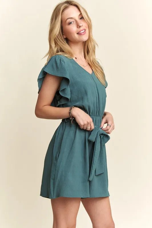 ADORA Seafoam Ruffle Sleeve Romper with Pockets - Cashmere Daisy