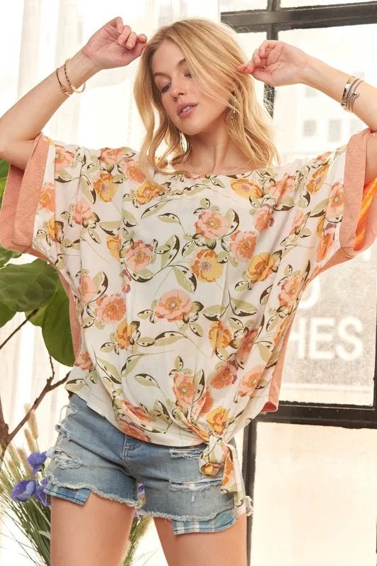 Adora Tie Sleeve Floral Tunic Top – Coral Summer Blouse - Cashmere Daisy
