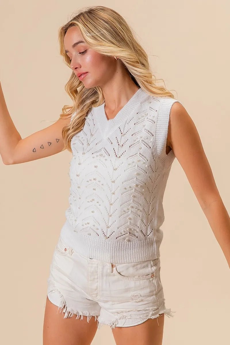 BiBi Chevron Pointelle Pearl Knit Top – Sleeveless Ivory Sweater Vest - Cashmere Daisy
