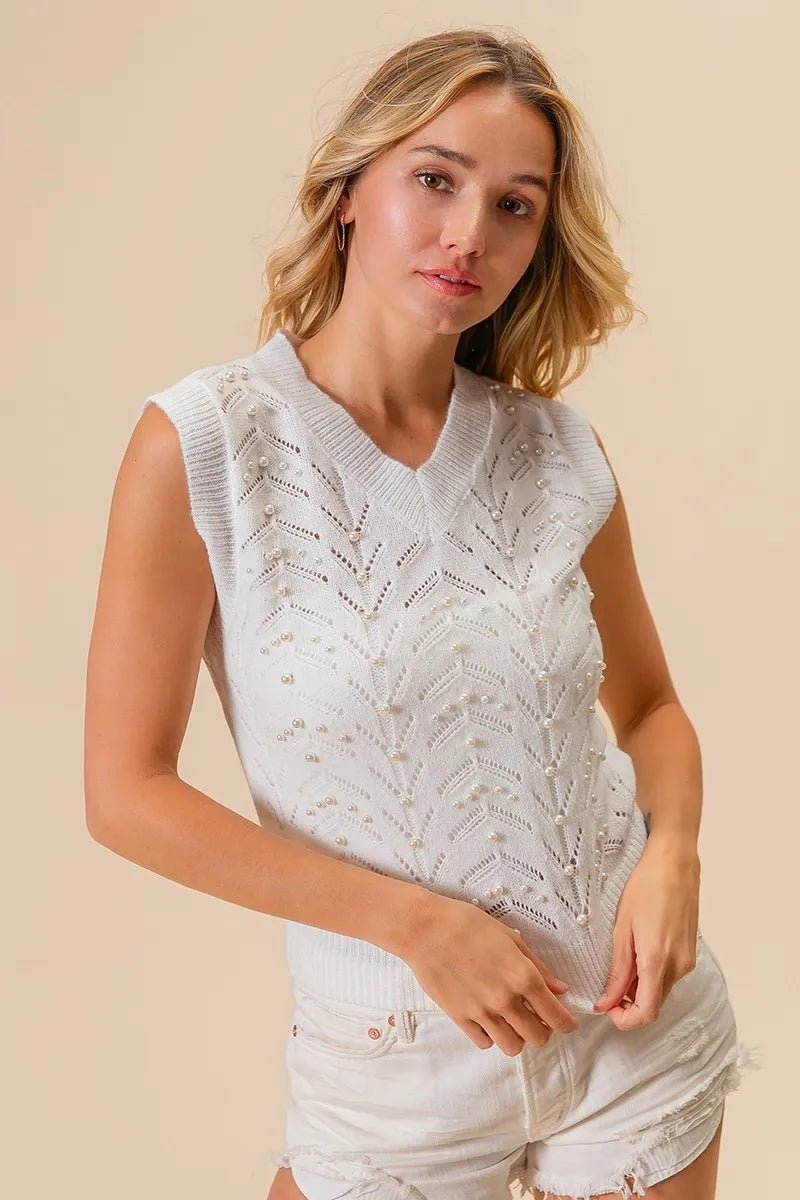 BiBi Chevron Pointelle Pearl Knit Top – Sleeveless Ivory Sweater Vest - Cashmere Daisy