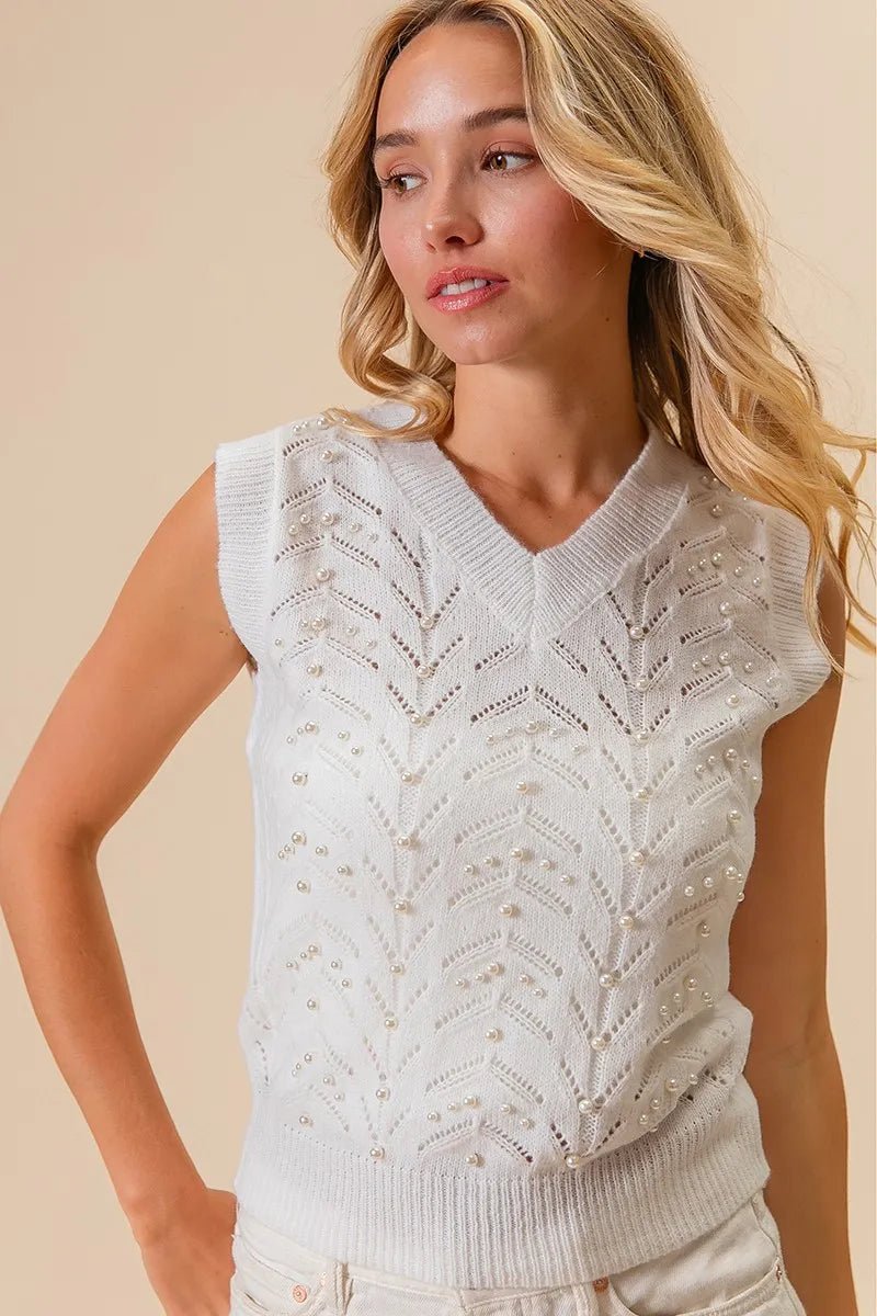 BiBi Chevron Pointelle Pearl Knit Top – Sleeveless Ivory Sweater Vest - Cashmere Daisy