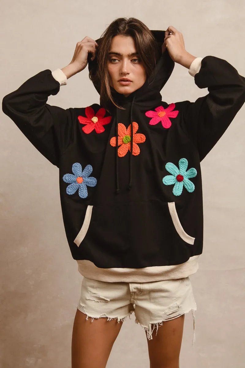 BiBi Patched Hoodie – Floral Graphic Pullover with Kangaroo Pocket - Cashmere Daisy
