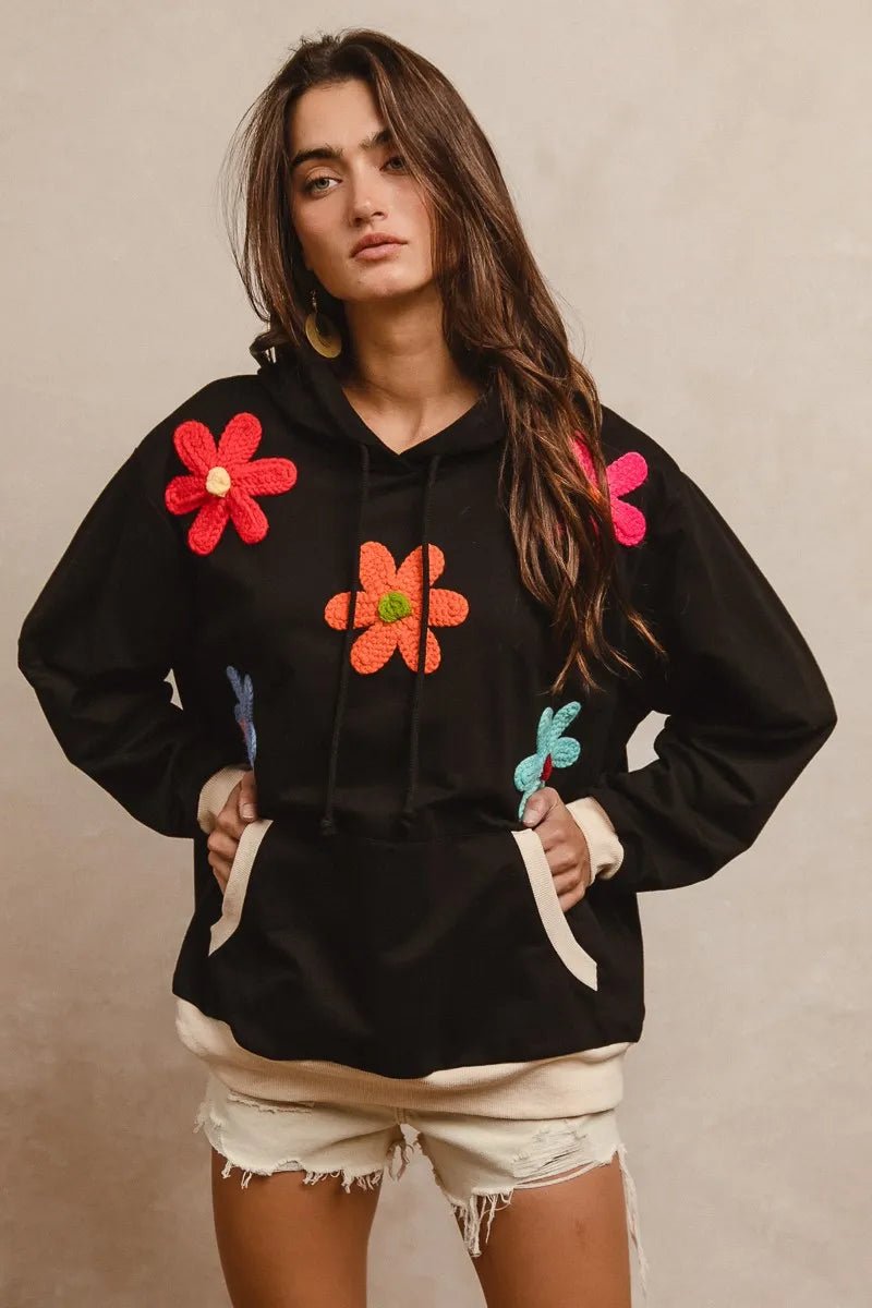 BiBi Patched Hoodie – Floral Graphic Pullover with Kangaroo Pocket - Cashmere Daisy