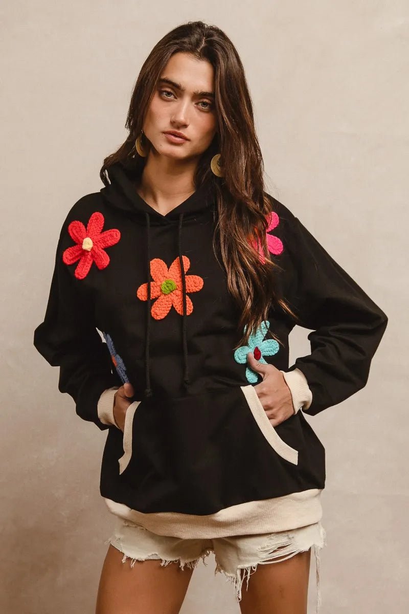 BiBi Patched Hoodie – Floral Graphic Pullover with Kangaroo Pocket - Cashmere Daisy