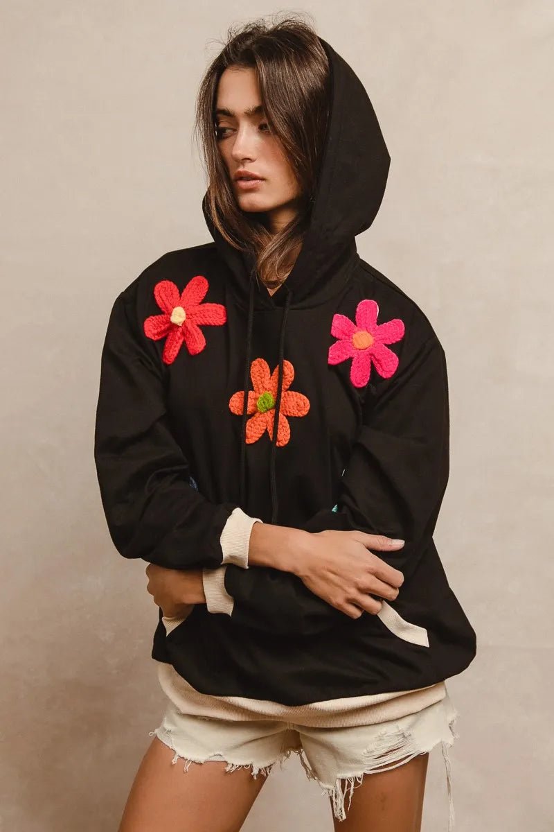 BiBi Patched Hoodie – Floral Graphic Pullover with Kangaroo Pocket - Cashmere Daisy