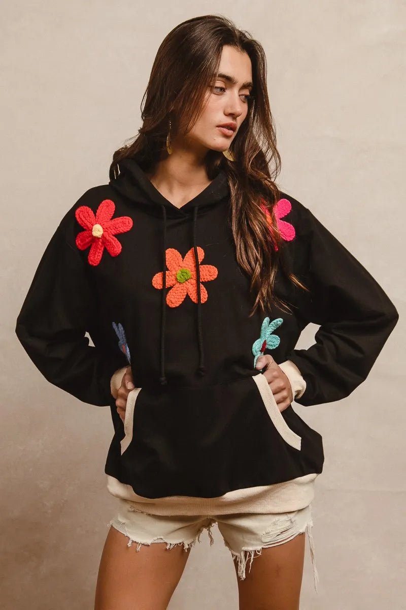 BiBi Patched Hoodie – Floral Graphic Pullover with Kangaroo Pocket - Cashmere Daisy