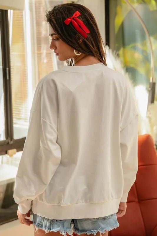 BiBi Strikeout Baseball Sweatshirt – White French Terry Crewneck - Cashmere Daisy