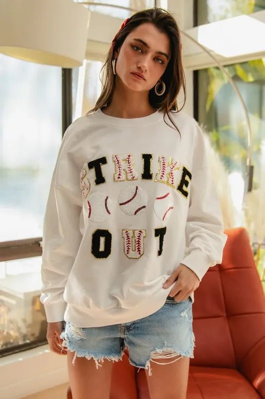 BiBi Strikeout Baseball Sweatshirt – White French Terry Crewneck - Cashmere Daisy