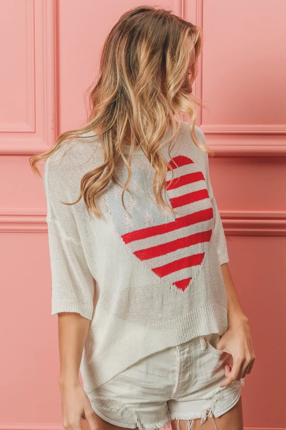 BiBi Striped Heart Knit Top – Patriotic Off - White Sweater Tee - Cashmere Daisy