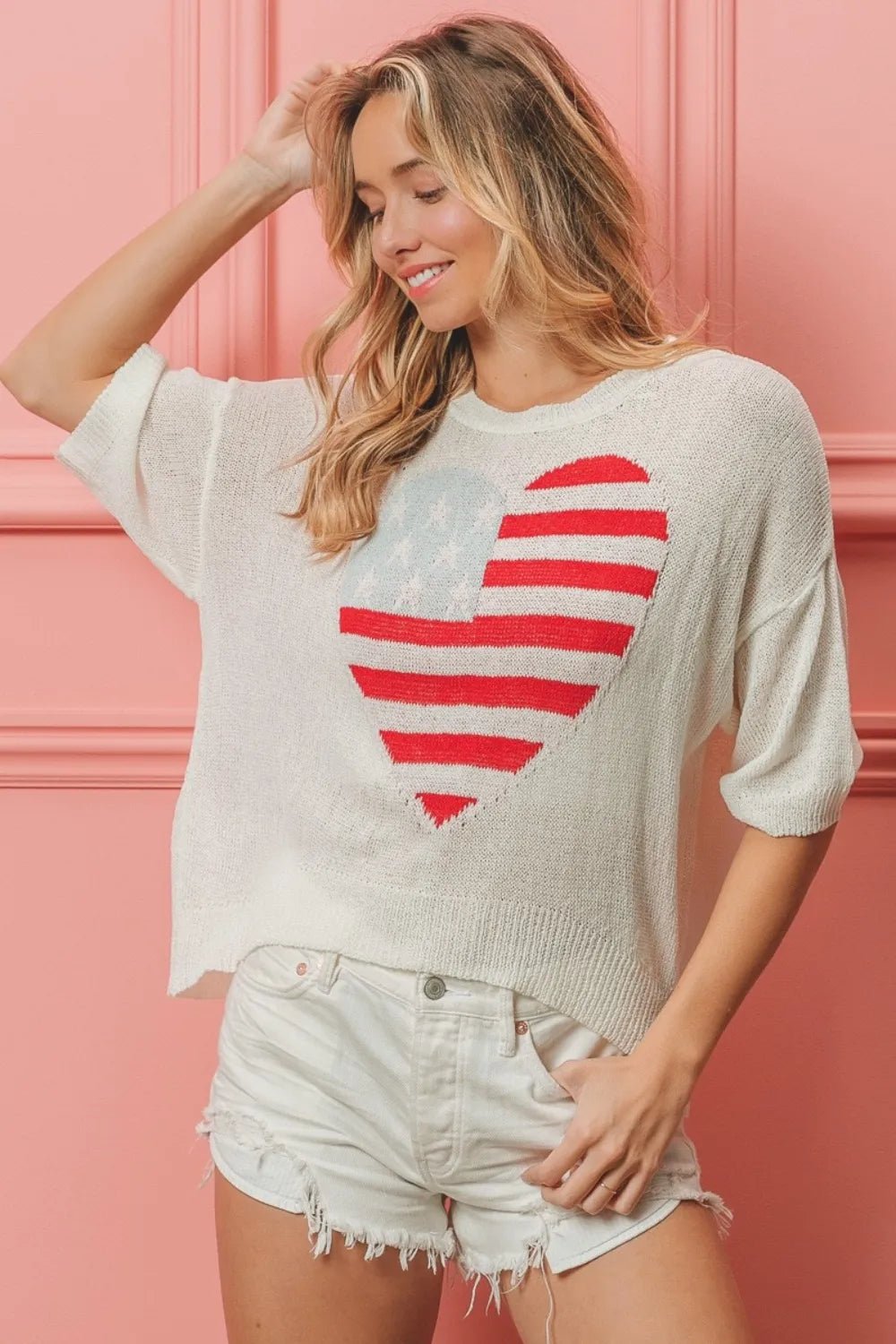 BiBi Striped Heart Knit Top – Patriotic Off - White Sweater Tee - Cashmere Daisy