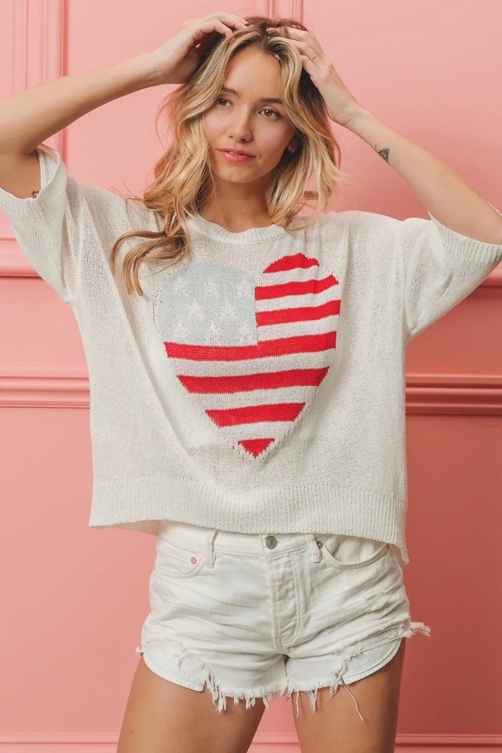 BiBi Striped Heart Knit Top – Patriotic Off - White Sweater Tee - Cashmere Daisy