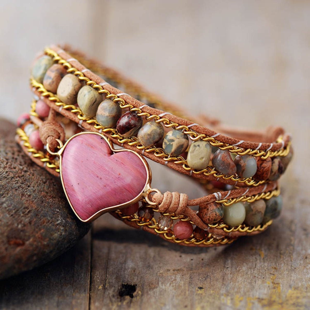 Crystal Heart Beaded Wrap Bracelet – Handmade with Natural Stone - Cashmere Daisy