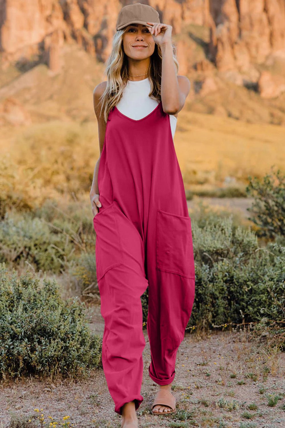 Double Take Sleeveless V - Neck Jumpsuit with Pockets – Full Size Fit - Cashmere Daisy
