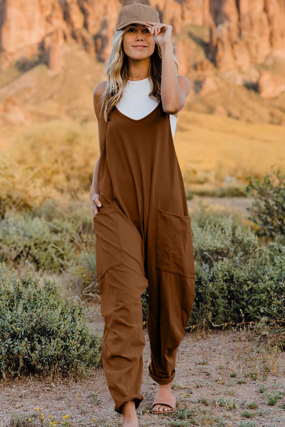 Double Take Sleeveless V - Neck Jumpsuit with Pockets – Full Size Fit - Cashmere Daisy