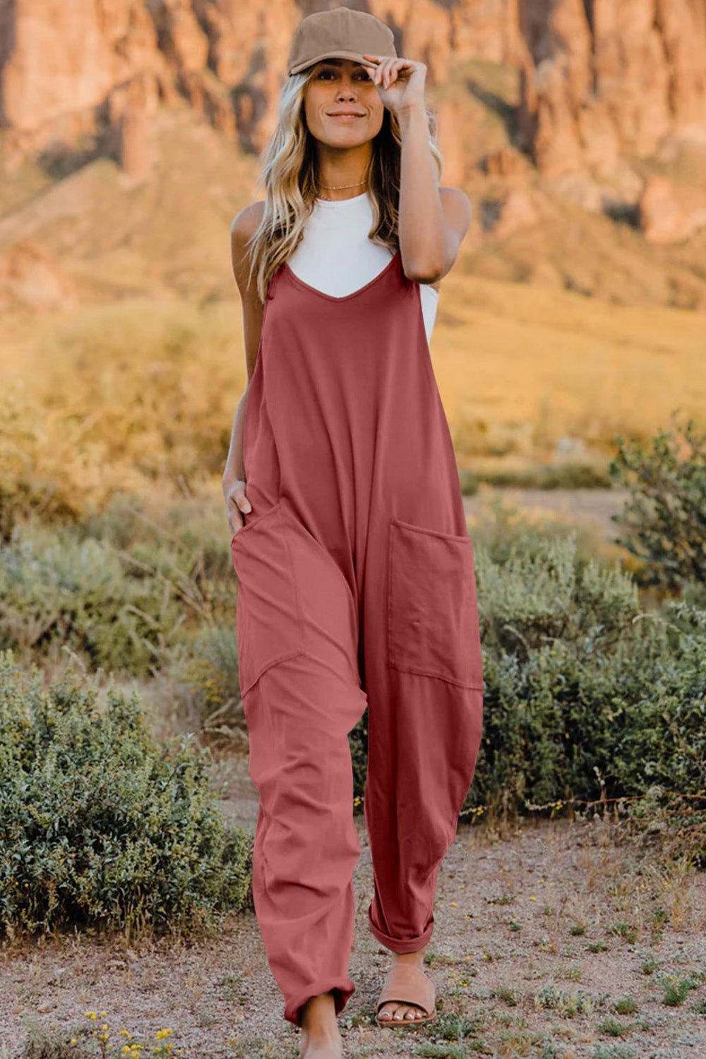 Double Take Sleeveless V - Neck Jumpsuit with Pockets – Full Size Fit - Cashmere Daisy