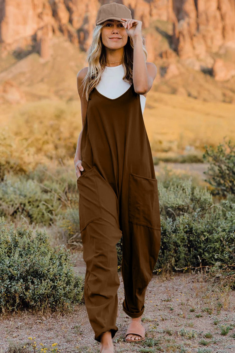 Double Take Sleeveless V - Neck Jumpsuit with Pockets – Full Size Fit - Cashmere Daisy