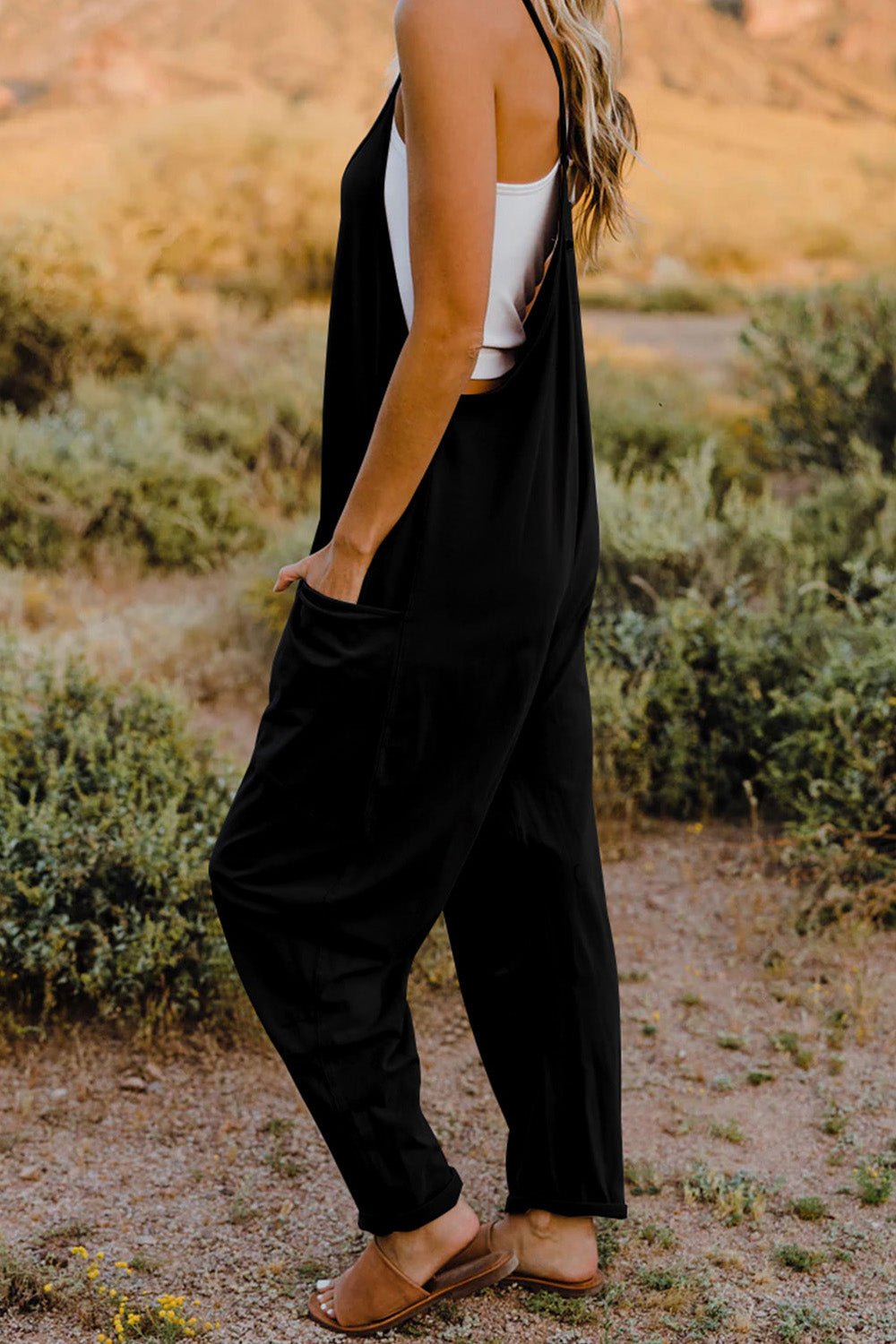 Double Take Sleeveless V - Neck Jumpsuit with Pockets – Full Size Fit - Cashmere Daisy