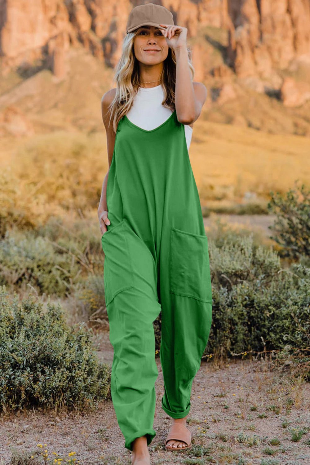 Double Take Sleeveless V - Neck Jumpsuit with Pockets – Full Size Fit - Cashmere Daisy