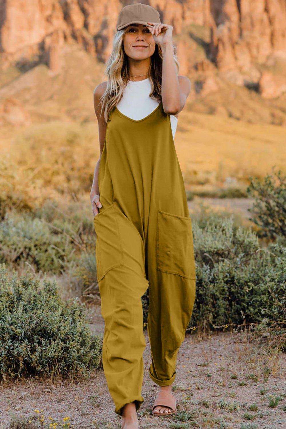 Double Take Sleeveless V - Neck Jumpsuit with Pockets – Full Size Fit - Cashmere Daisy
