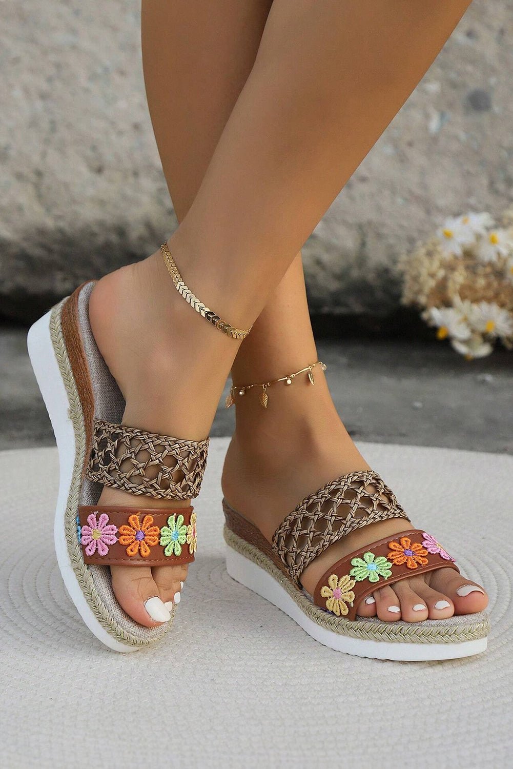 Floral Breeze Wedge Sandals – Tan with Braided Detail - Cashmere Daisy