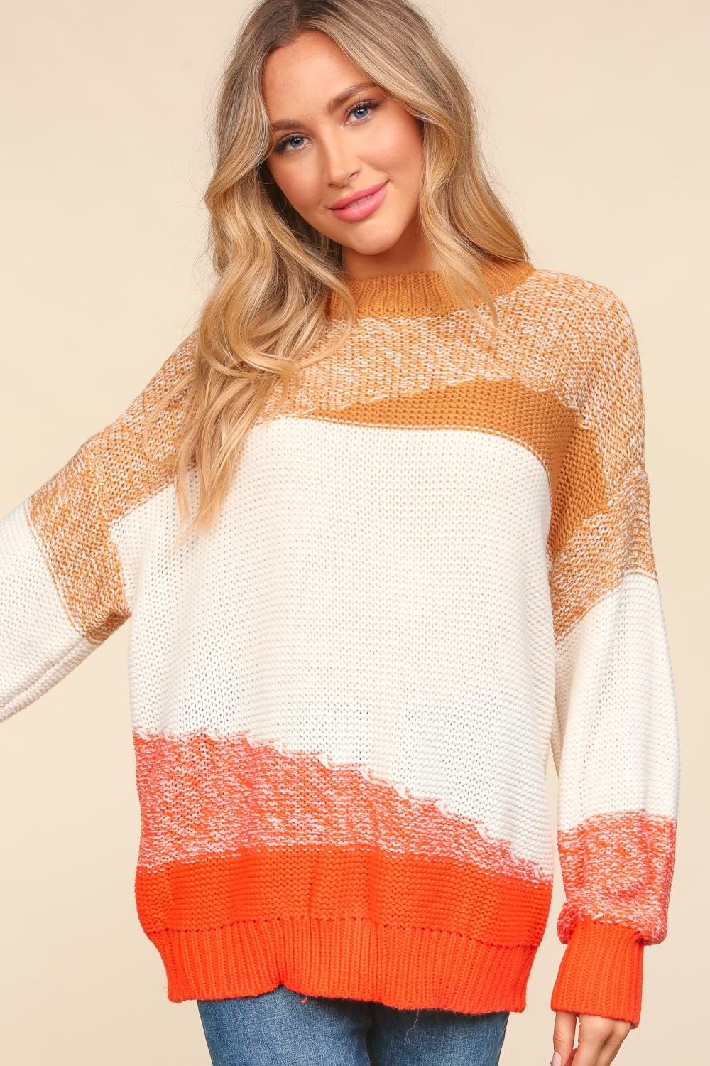 Haptics Color Block Long Sleeve Sweater – Camel/Ivory/Orange - Cashmere Daisy