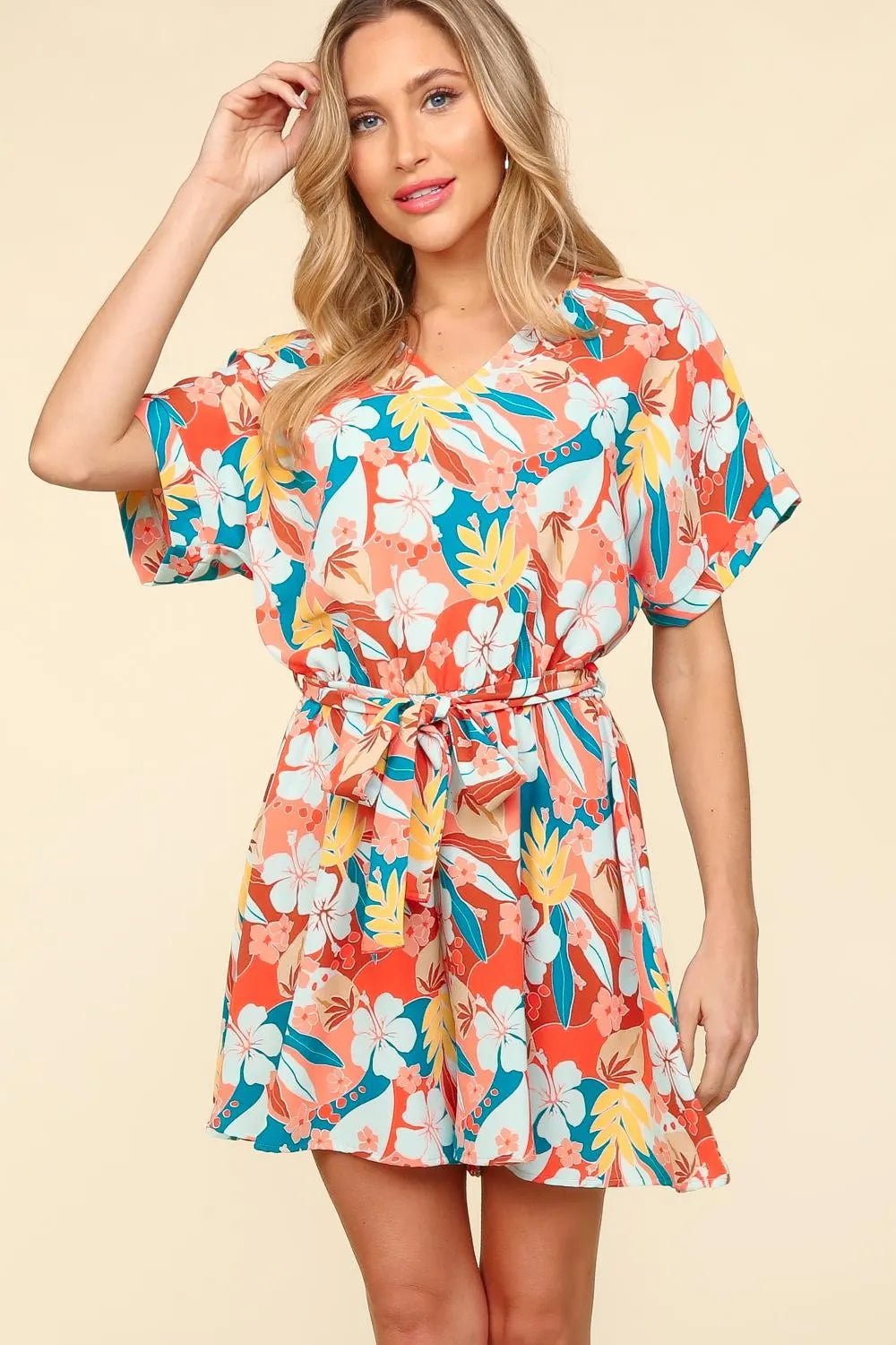 Haptics Tropical Floral Short Sleeve Romper – Coral/Teal Summer Style - Cashmere Daisy