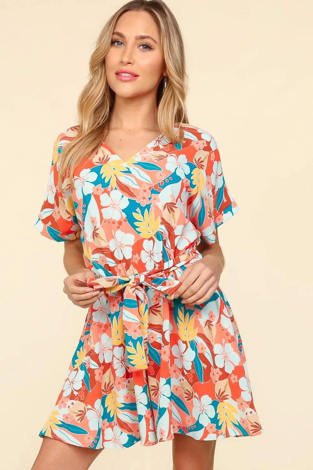 Haptics Tropical Floral Short Sleeve Romper – Coral/Teal Summer Style - Cashmere Daisy