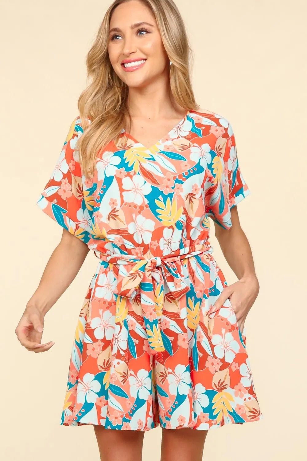 Haptics Tropical Floral Short Sleeve Romper – Coral/Teal Summer Style - Cashmere Daisy