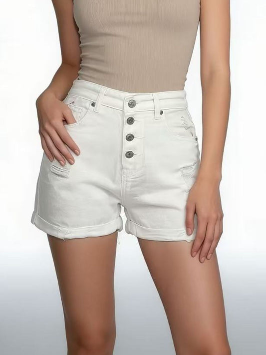 High - Waisted Button - Fly Distressed Denim Shorts - Cashmere Daisy