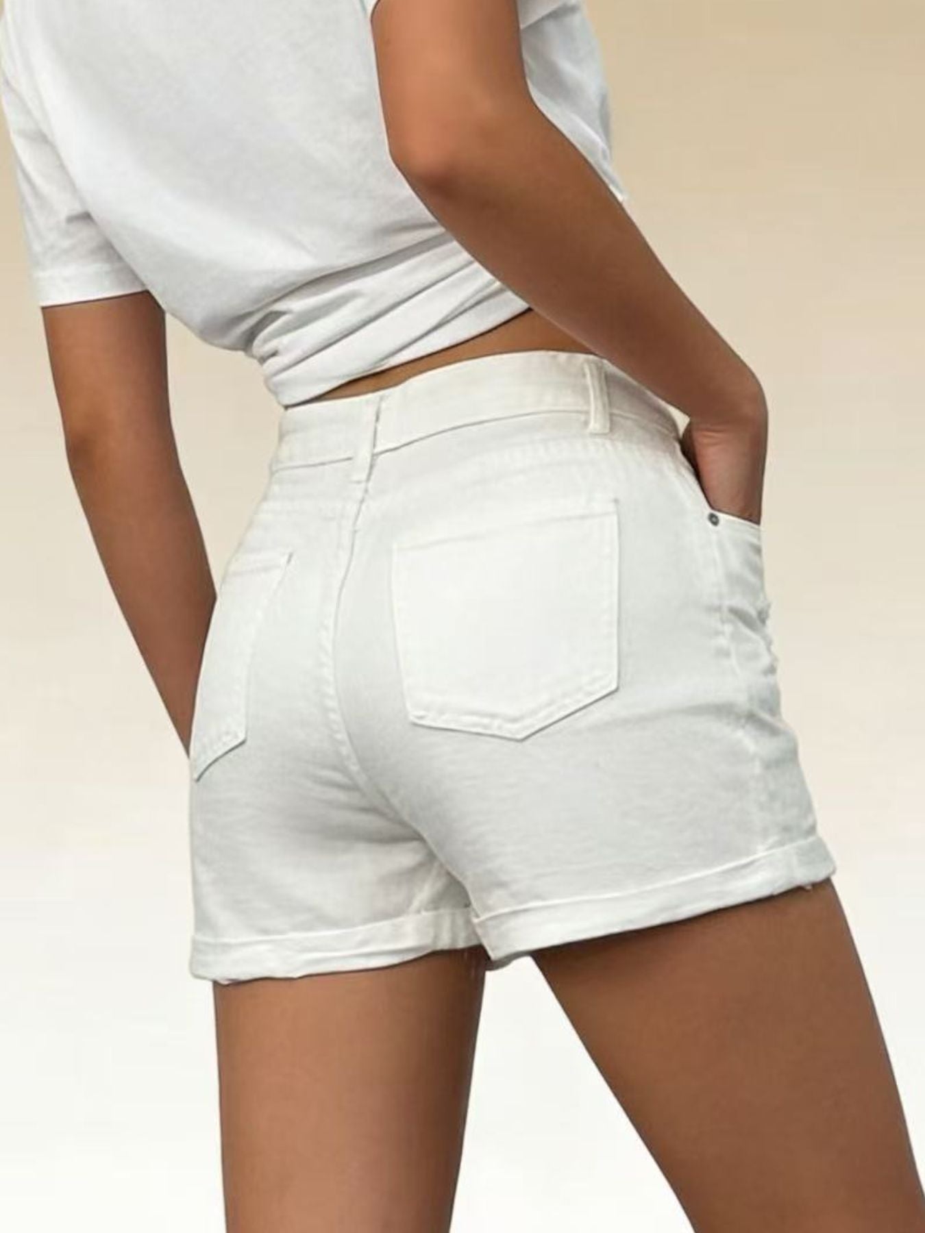 High - Waisted Button - Fly Distressed Denim Shorts - Cashmere Daisy