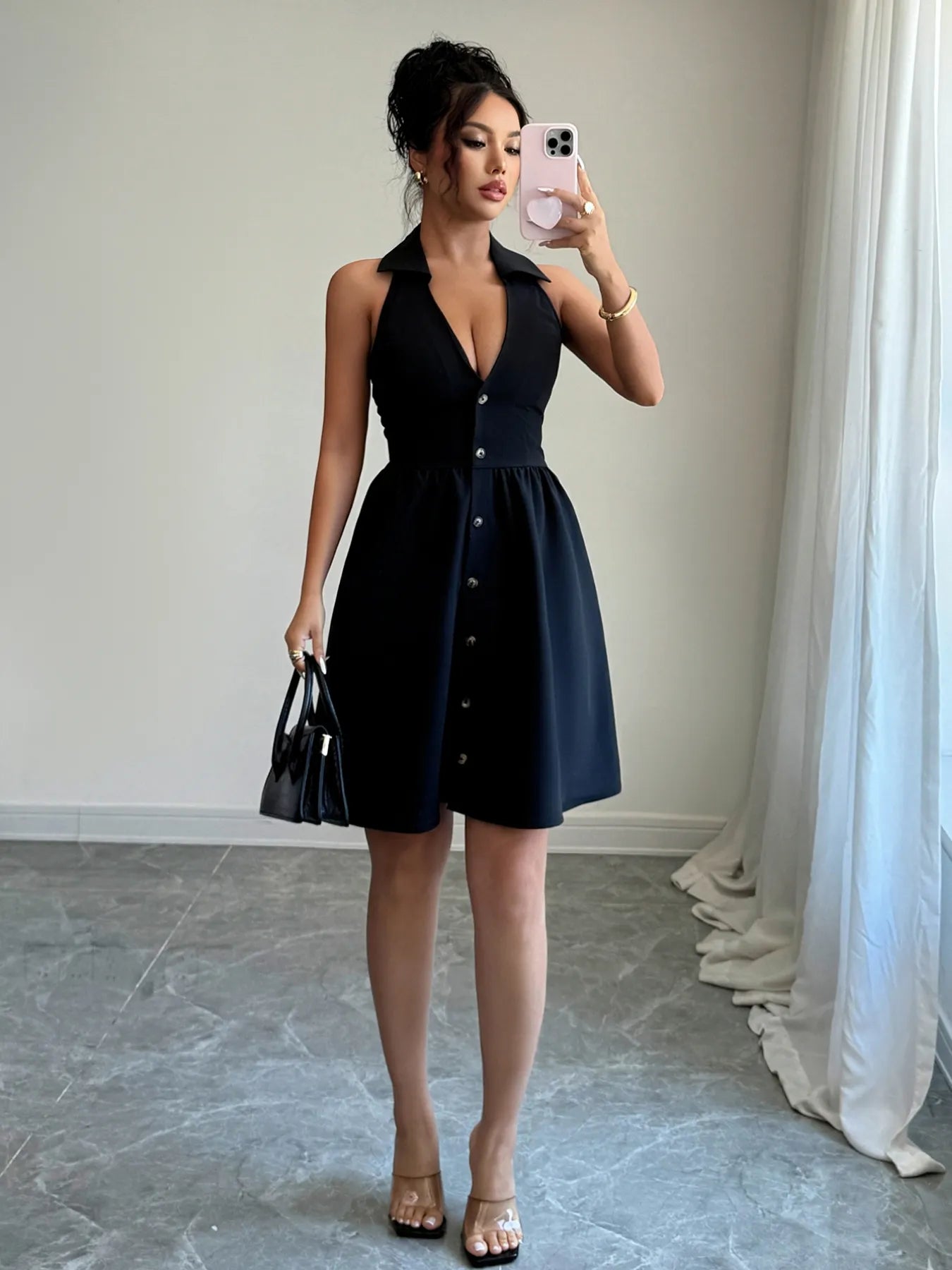 Maid Inspired Black Button Mini Dress - Cashmere Daisy