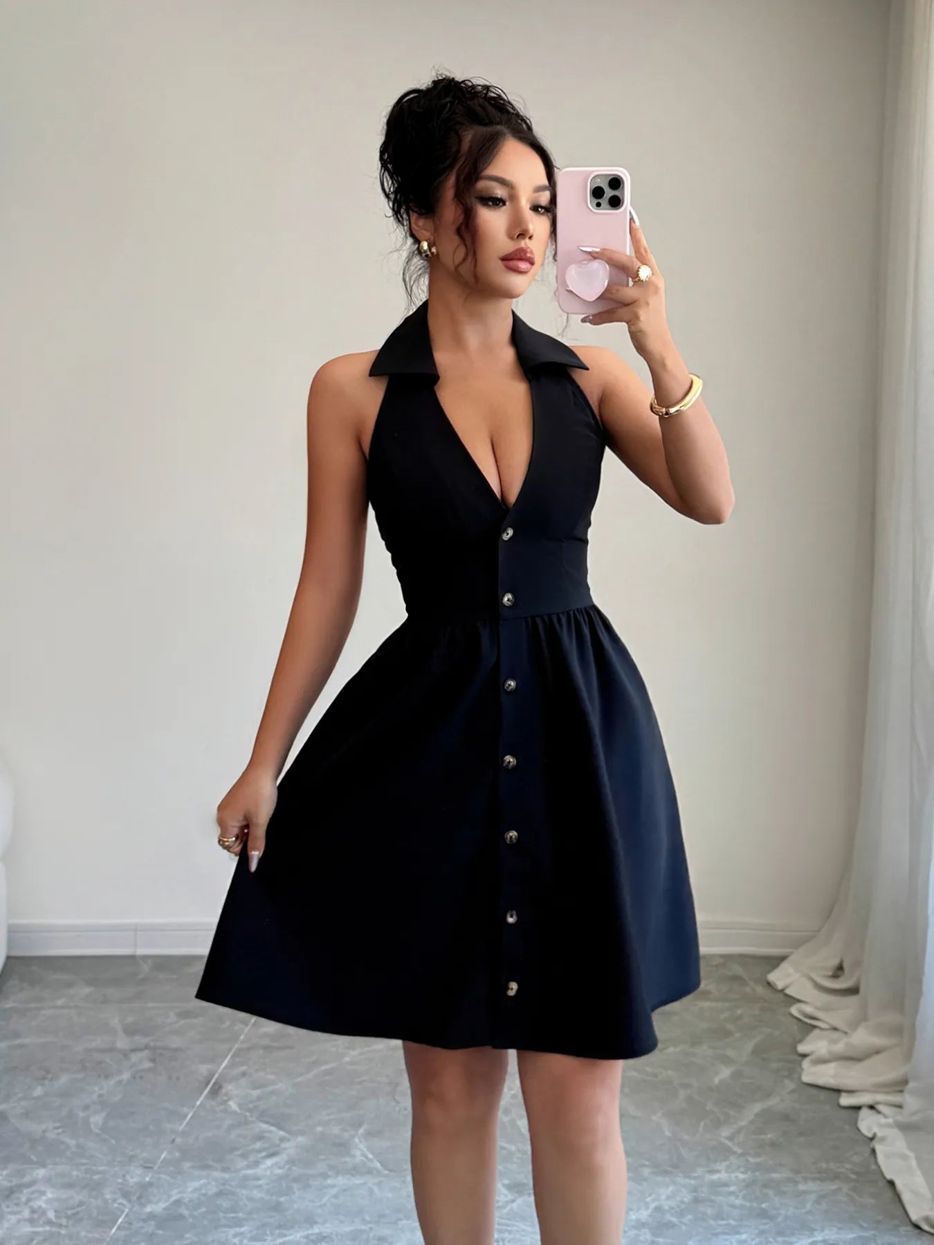 Maid Inspired Black Button Mini Dress - Cashmere Daisy