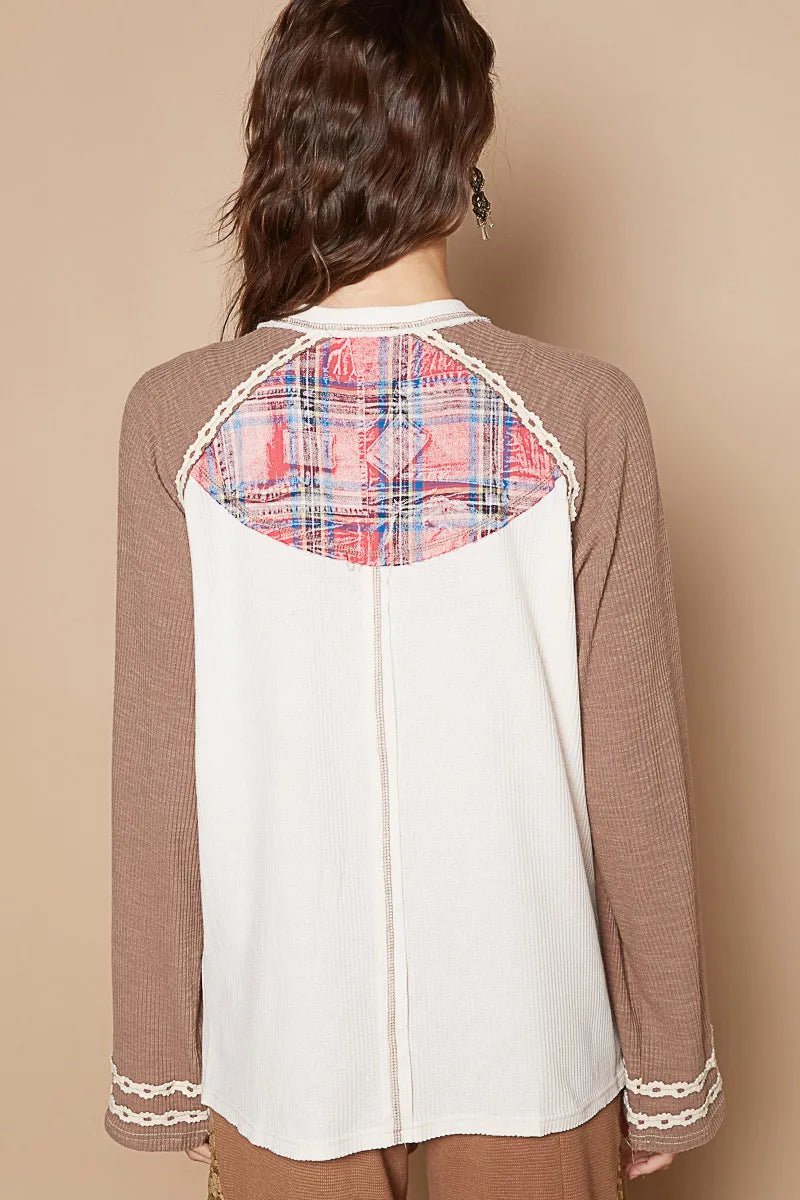 POL Plaid 06 Raglan Sleeve T-Shirt – Mocha Retro Varsity Top - Limited stock – grab your size now! - Cashmere Daisy