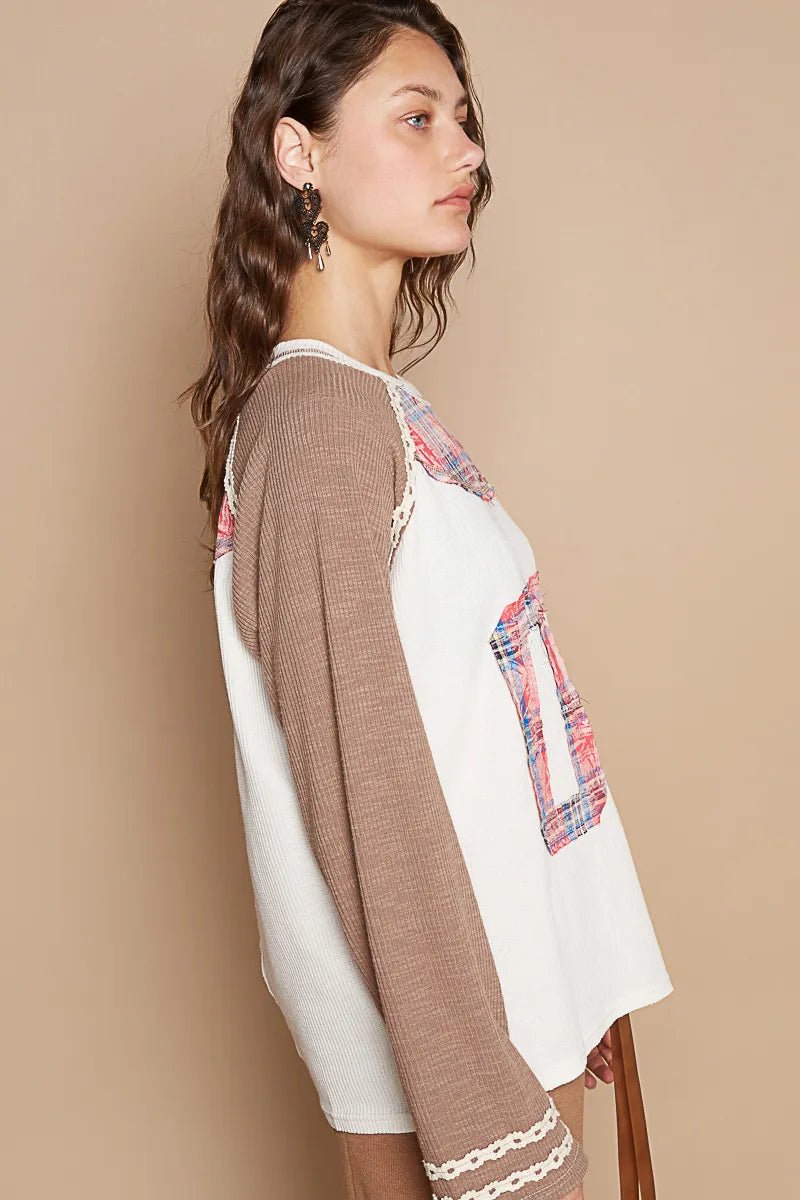 POL Plaid 06 Raglan Sleeve T-Shirt – Mocha Retro Varsity Top - Limited stock – grab your size now! - Cashmere Daisy