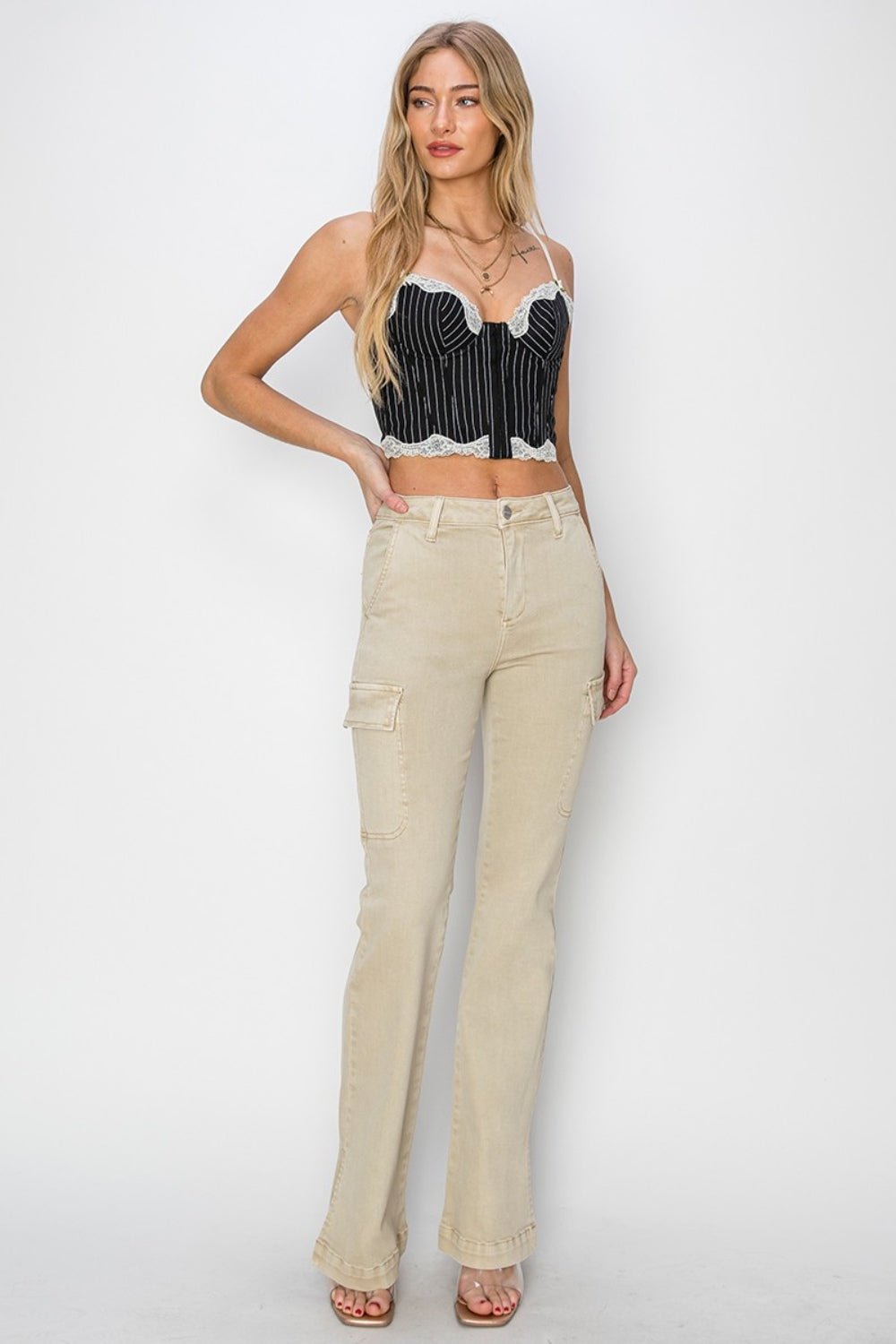 RISEN Cargo Bootcut Jeans – High Rise Side Slit in Stone - Cashmere Daisy