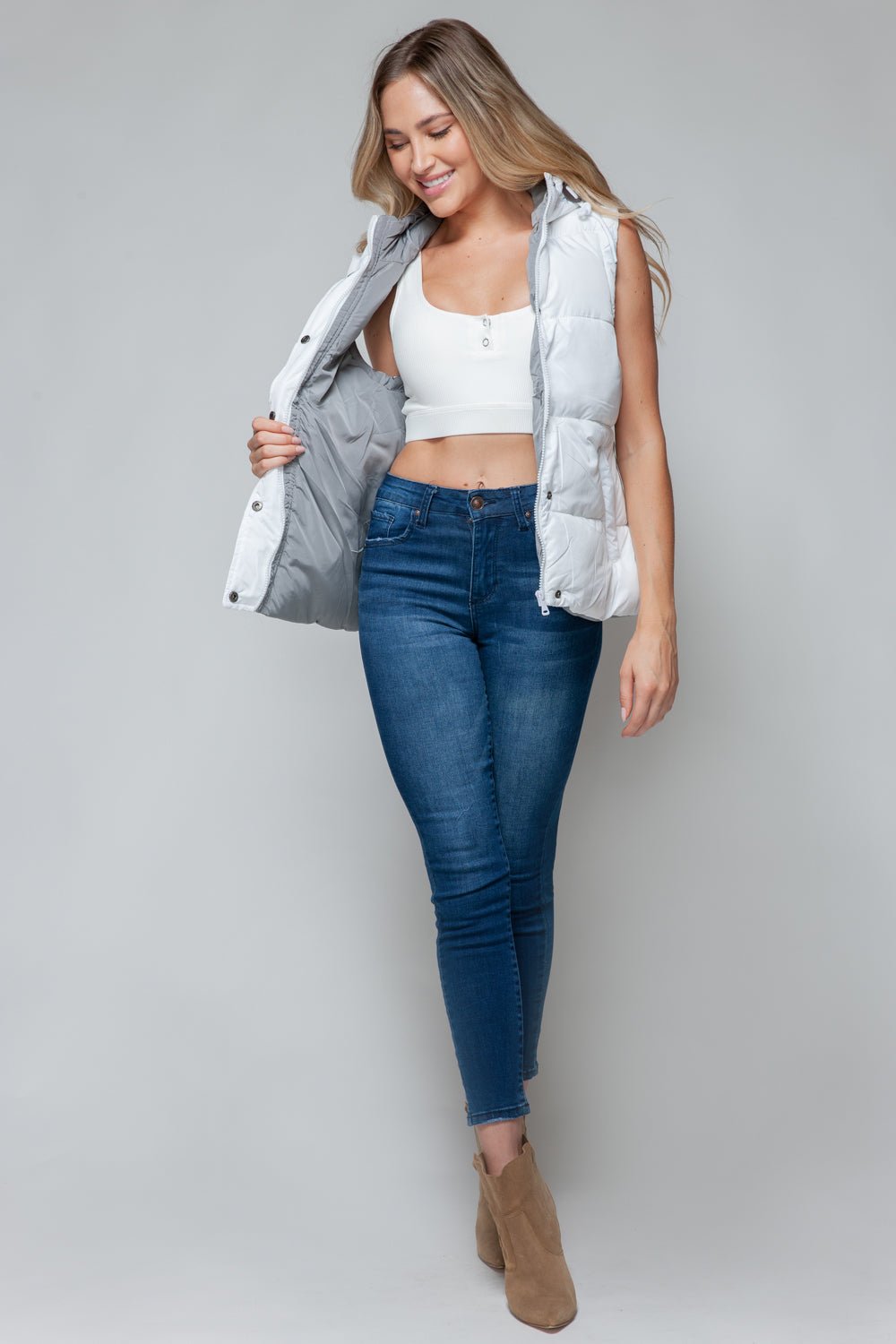 Snobbish Snap and Zip Closure Hooded Vest – White - Cashmere Daisy