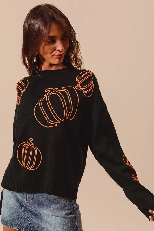 SO ME Pumpkin Embroidered Halloween Thanksgiving Sweater - Cashmere Daisy