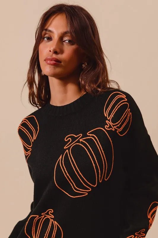 SO ME Pumpkin Embroidered Halloween Thanksgiving Sweater - Cashmere Daisy