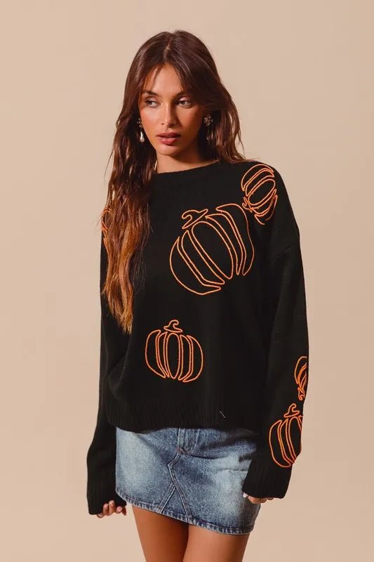 SO ME Pumpkin Embroidered Halloween Thanksgiving Sweater - Cashmere Daisy