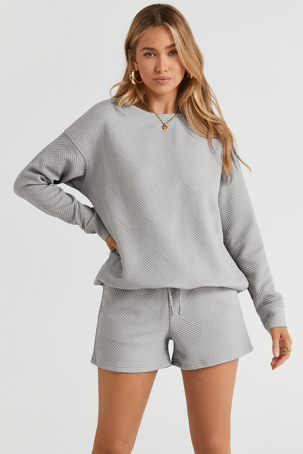 Textured Long Sleeve Top & Drawstring Shorts Set | Sophisticated Loungewear