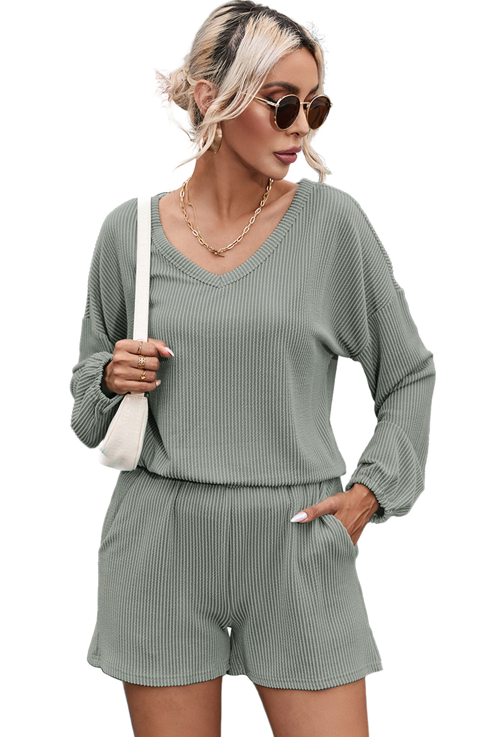 Corded V Neck Slouchy Top & Pocketed Shorts Set | Soft & Versatile