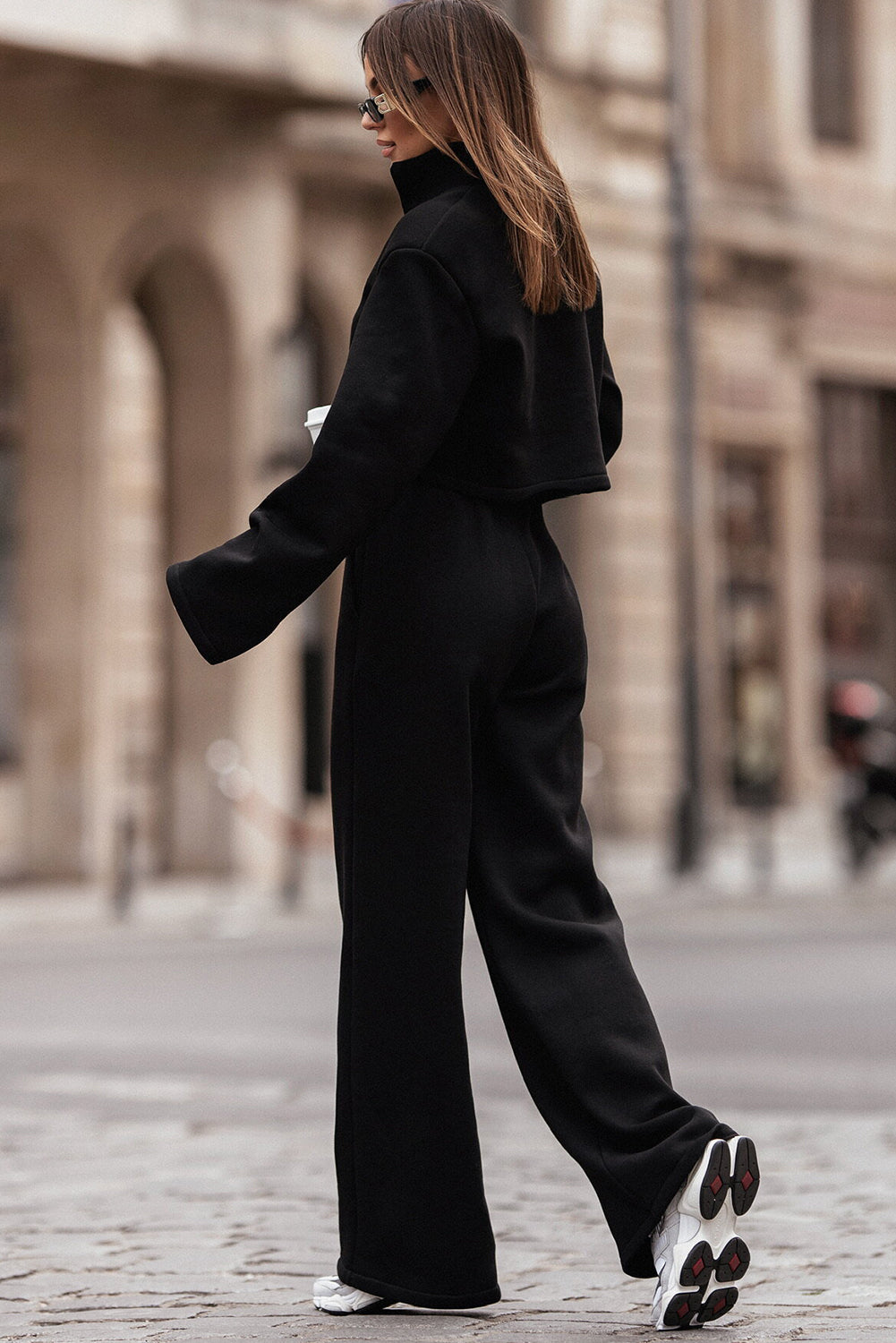 Black Zipped Collared Crop Top & Wide Leg Pants Set | Sophisticated & Trendy