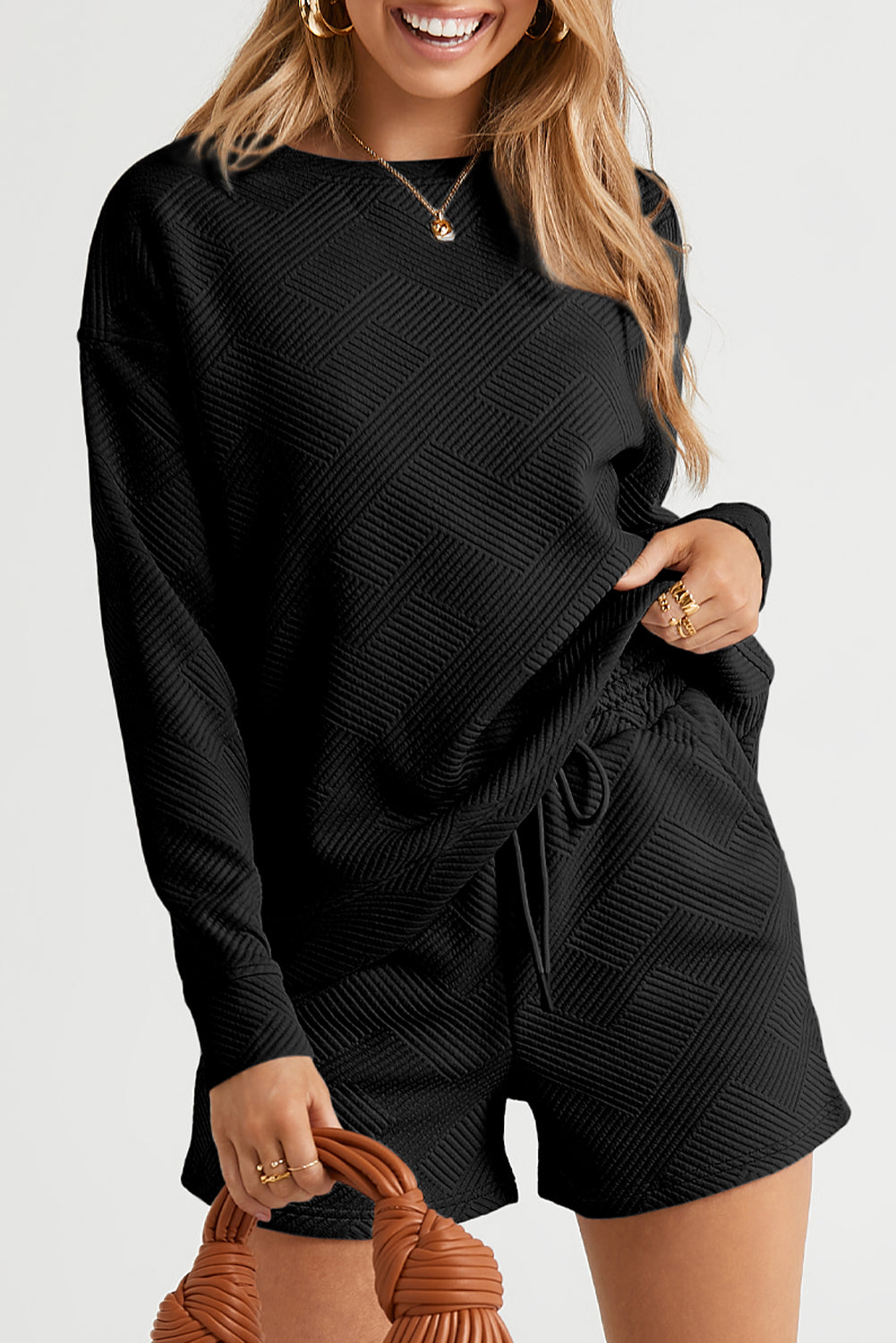 Textured Long Sleeve Top & Drawstring Shorts Set | Sophisticated Loungewear