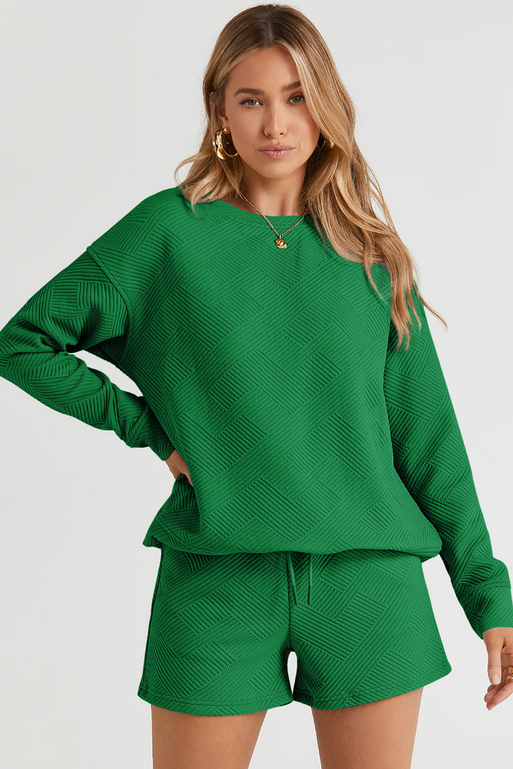Textured Long Sleeve Top & Drawstring Shorts Set | Sophisticated Loungewear