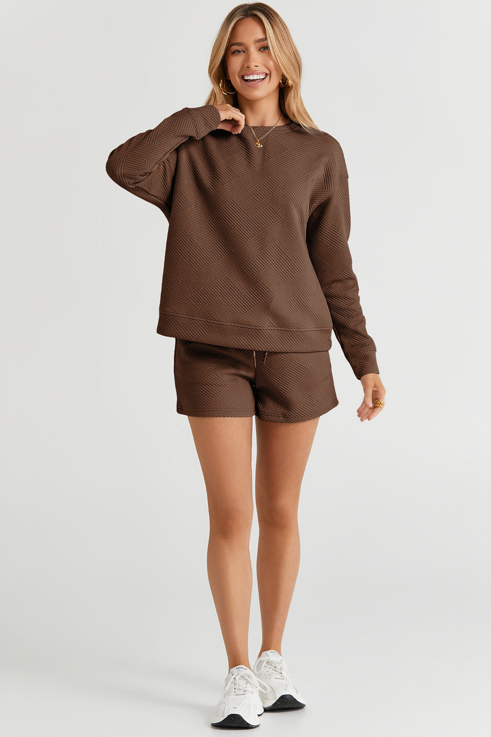 Textured Long Sleeve Top & Drawstring Shorts Set | Sophisticated Loungewear